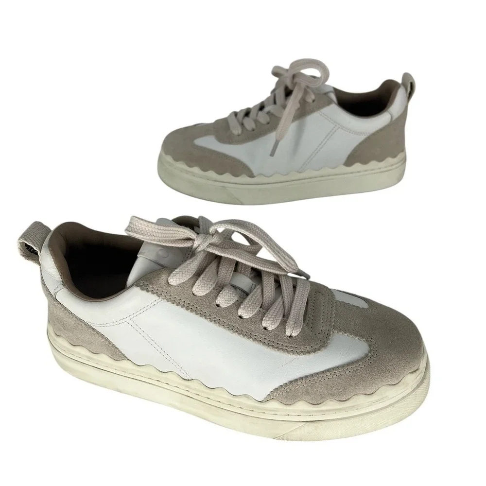 Chloé Lauren Leather Suede‎ Platform Sneakers White Beige 37